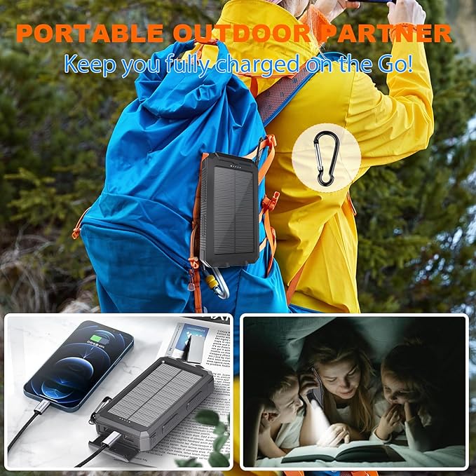 Solar Charger 20,000mAh, Portable Power Bank, 4 Cables Outdoor Waterproof External Backup Phone Charger with USB-C for Cell Phones, Solar Battery Pack with Dual Flashlight for Camping