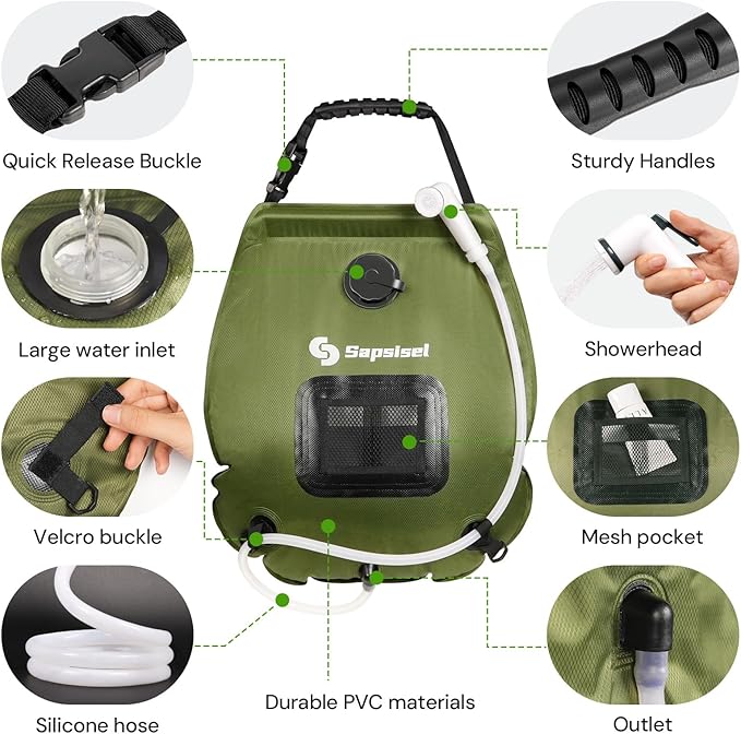 sapsisel Camping Shower Bag, 5 Gal/20L Solar Heating Camping Shower with Upgraded Hose and Shower Head,Portable Shower for Camping,Solar Shower