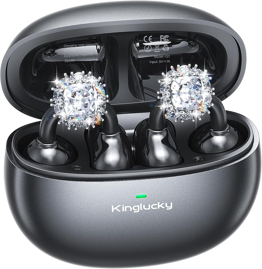 Kinglucky Jewelry-Inspired Clip-On Earbuds with Diamond Earrings, Comfortable Fit & 40H Playtime Open Ear Bluetooth 5.4 Wireless Headphones for Women, Small Ears, Sports & Workouts (Black)