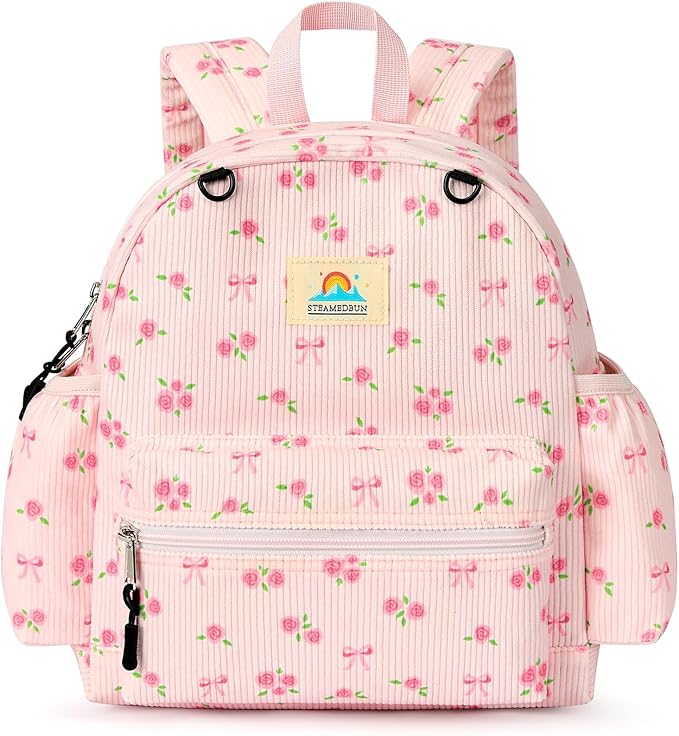 STEAMEDBUN Corduroy Toddler Backpack for Girls 2-4: Kids backpack for Boys Girls - 12 inch Preschool Kindergarten Backpacks - Rose