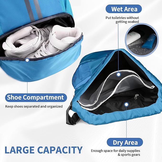 JELUTAR Drawstring Backpack Gym Bag with Shoes Compartment for Soccer, Basketball, Swim, Water-Resistant String Backpack Beach Cinch for Women Men, Sky Blue