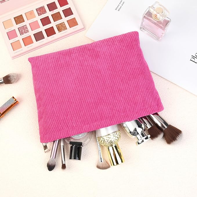 SOIDRAM 2 Pcs Corduroy Makeup Bag Large Cosmetic Bag Toiletry Bag Makeup Pouch Travel Bag Organizer Cute Makeup Brushes Aesthetic Accessories Storage Bag for Women Rose Red