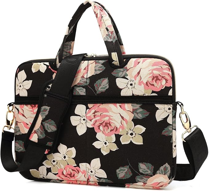 kayond Black Rose Patten water-resistant Laptop Shoulder Messenger Bag Case Sleeve for 12 Inch 13 Inch Laptop