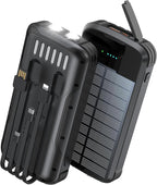 Solar Charger Power Bank, PD 20W Fast Charging External Batter, 40000mAh Portable Phone Charger Built in 4 Cables with Dual Bright Flashlights for Camping, Hiking, and Outdoor Use (Black)