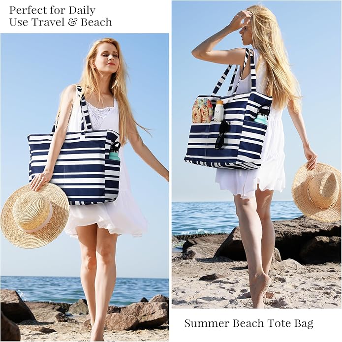 Trifabricy Beach Bags for Women Waterproof Sandproof Women Tote Bag, Large Beach Bag with Zipper for Gym Travel Vocation