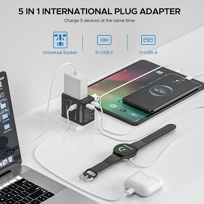 Universal Travel Adapter, 75W GaN International Power Adapter with 3 USB C and 1 USB A, All in One Travel Plug Adapter, Worldwide Outlet Wall Charger Converter for EU US UK AU 200+ Countries.