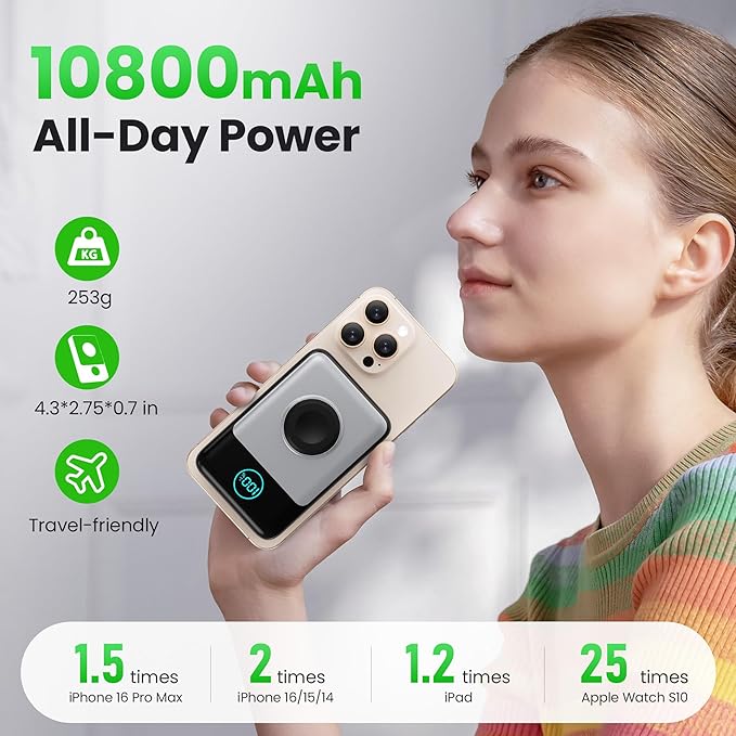 Magnetic Portable Charger for iPhone, 10800mAh 15W Wireless Power Bank with iWatch Charger,30W PD Fast Charging USB-C Travel Essentials Battery Pack for Magsafe,iPhone 17/16/15/14/13, Apple Watch