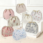 Gosect Large Makeup Bag, Cute Drawstring Cosmetic Bag with Canvas Lining, Floral Coquette Aesthetic Toiletry Bag, Travel Make Up Organizer Bag for Women and Girl (Blue Flower)