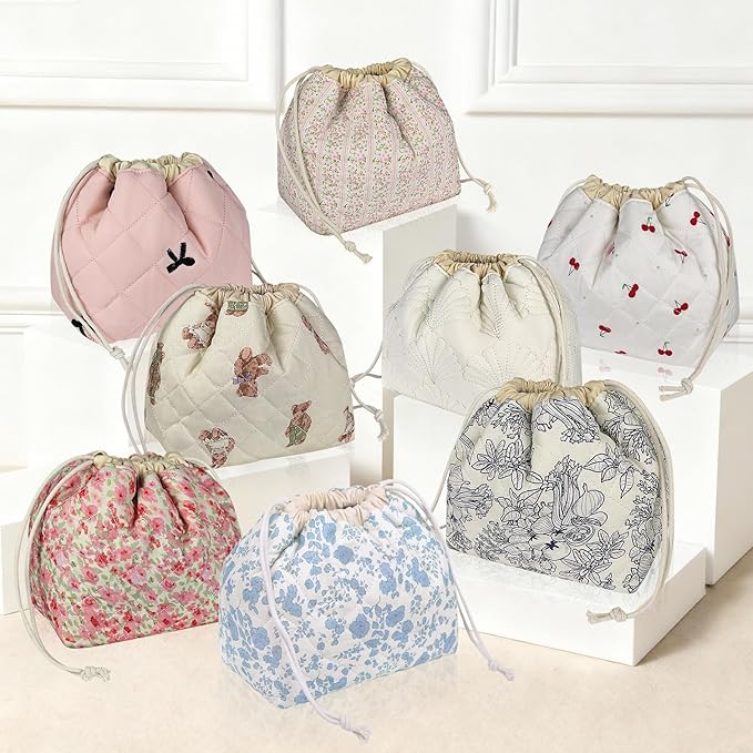 Gosect Large Makeup Bag, Cute Drawstring Cosmetic Bag with Canvas Lining, Floral Coquette Aesthetic Toiletry Bag, Travel Make Up Organizer Bag for Women and Girl (Blue Flower)