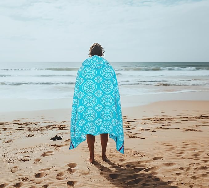 COTTON CRAFT Hooded Beach Towel – Oversized 39 x 68 Towel with Hood for Adults - 100% Cotton Velour Terry Jacquard Towel - Pool Bath Wrap - 450 GSM Soft Absorbent Quick Dry – Summer Trellis Pool Blue