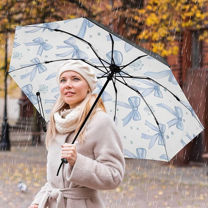 Automatic Folding Umbrella for Rain, Light Blue Bows Travel Umbrella UV Protection Large Windproof Inverted Umbrella with Cover Bag, 8 Ribs