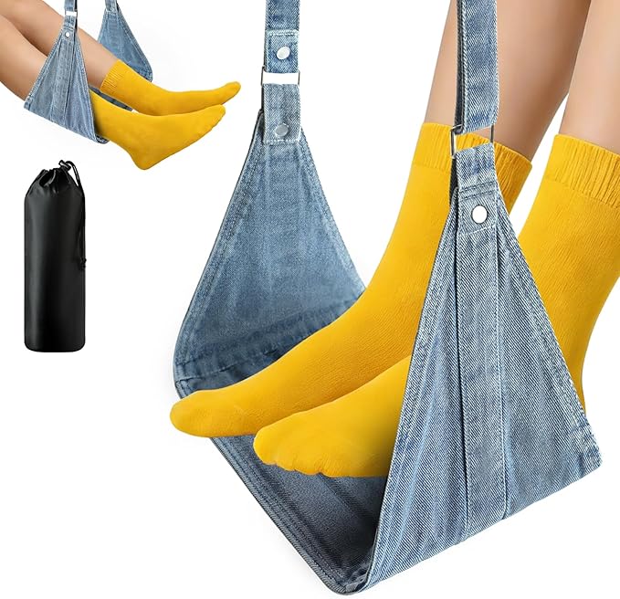 Airplane Foot Hammock, No Collapse Foot Rest for Plane Travel with Extended Adjustment Strap, Portable Desk Foot Hammock with,Cotton Denim, Foot Sling Travel Essentials to Relax Your Feet(Light Blue)