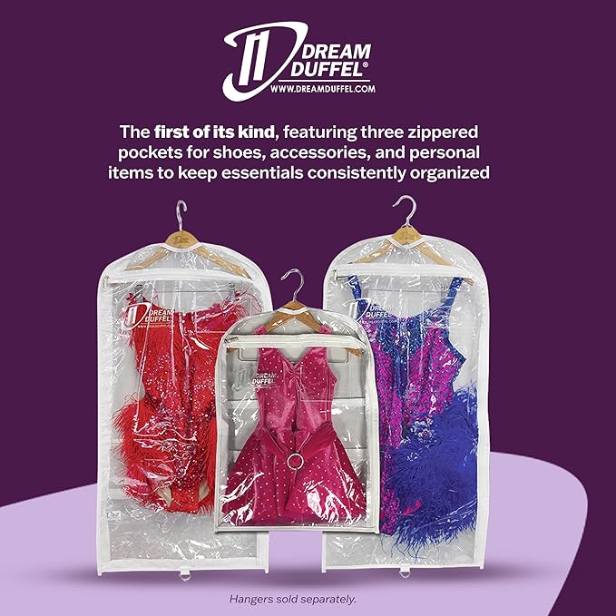 Clear Garment Bags for Dance Costumes 3-Pack, Gusseted, Regular-Size, Side Zipper Entry, Storage Pockets for Accessories, 37”x18”x3”, Dream Duffel