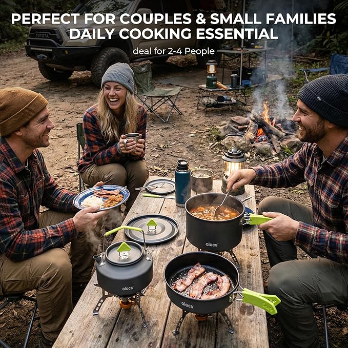 Alocs Camping Cookware Set - Lightweight Camping Pots and Pans - Portable Outdoor Cookware with Kettle - Camping Cookware Mess Kit for 2