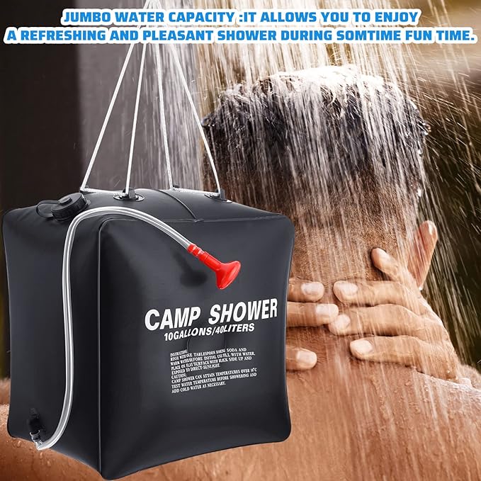 Retisee 10 Gallons/ 40L Solar Camping Showers with Hot Water Portable Camping Shower Bag with Removable Hose Nylon Ropes for Outdoor Hiking Climbing Traveling