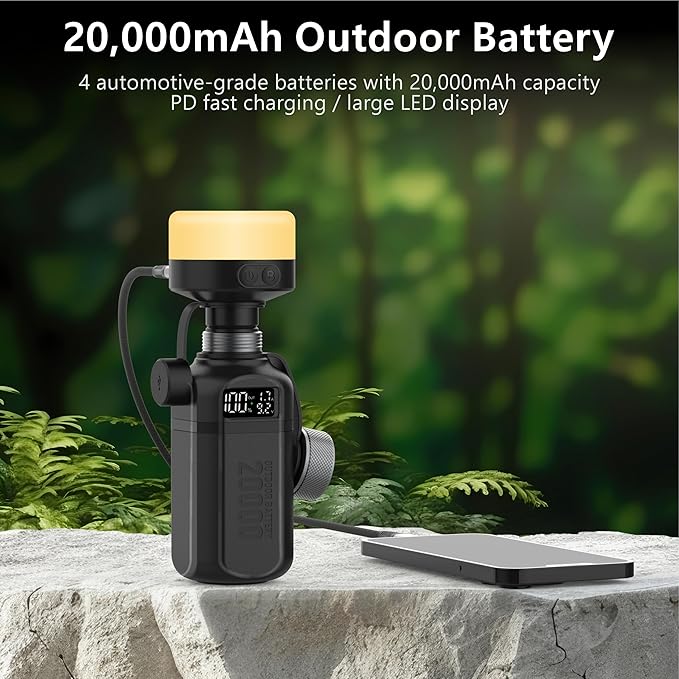 20,000mAh Rugged Power Bank with Fast Charge USB-C PD, IP68 Waterproof Shockproof, Includes 420lm Bright Camping Lantern, Tactical Outdoor Charger for Hiking Camping Survival Emergency（Black）