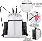 BeeGreen White_Drawstring_Backpack_Bag_Sports_Gym_Backpack with Shoe Compartment and Two Water Bottle Holder for Men Women Large String Athletic Sackpack Workbag White