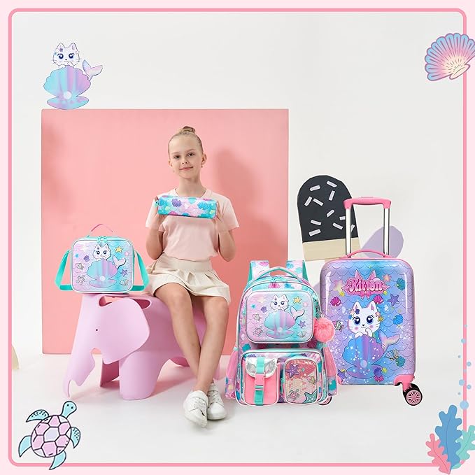 Cute Cat Kid's Luggage Set - 5 Piece Hardside Suitcase Set with Spinner Wheels - Airline Approved