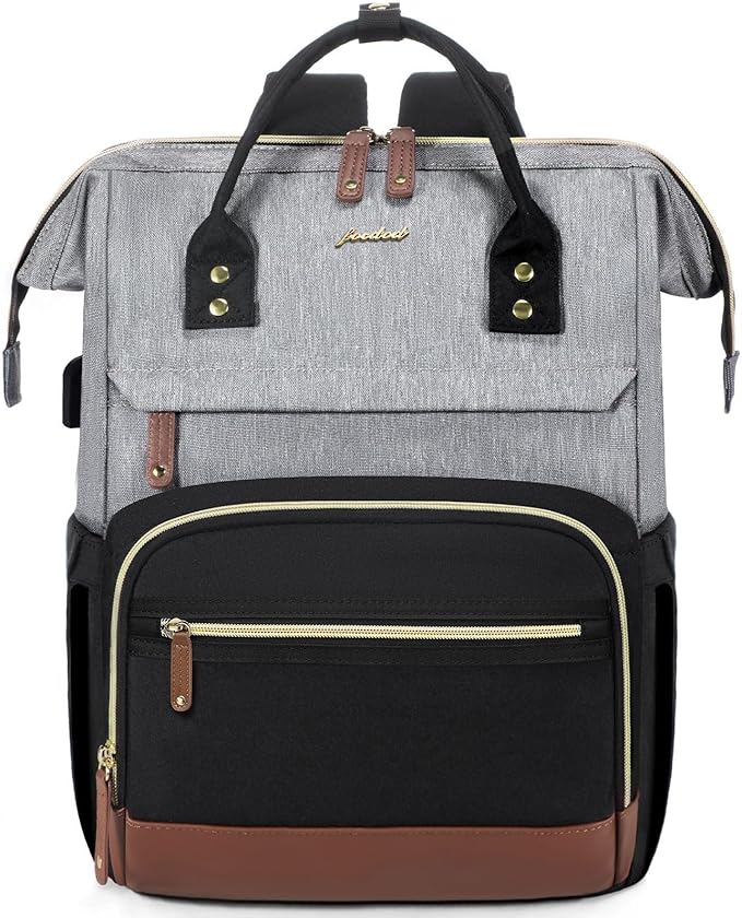 Focdod Laptop Backpack for Women Bag 15.6 Inch Work Business Backpacks Purse with USB Port Large Capacity Nurse Bag Backbag, Casual Daypack for Travel, Black-Grey-Brown