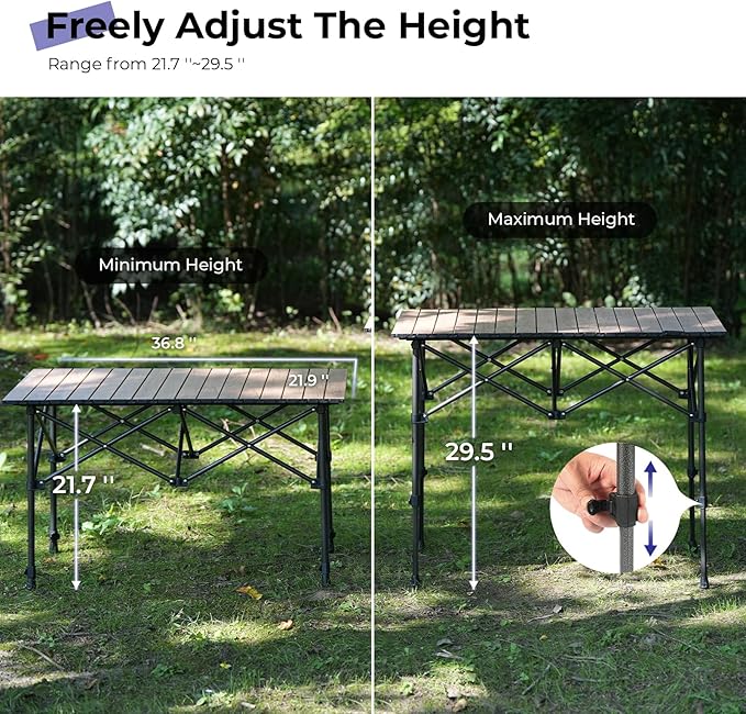 Byliable Camping Table Folding Portable Camp Aluminum Fold Up Lightweight Roll Up Table Adjustable Height with Carry Bag Indoor Outdoor for Camping, Picnic, Backyard, BBQ, Patio, Wood Grain