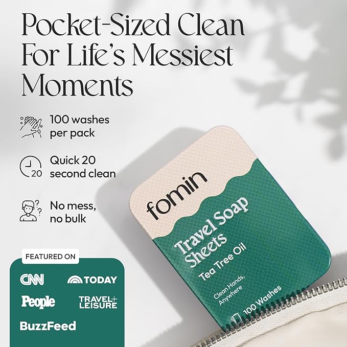 FOMIN - Antibacterial Paper Soap Sheets Tin for Traveling - 3 Pack Tea Tree - Portable Travel Hand Soap Sheet, Dissolvable Mini Camping Hand Soap for Hand Washing