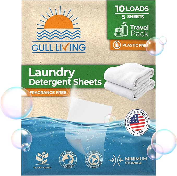 Gull Living Travel Laundry Detergent Sheets Unscented - 10 Loads - Dissolves Quickly, Removes Stains & Odors - For Home and Travel Laundry Sheets Detergent