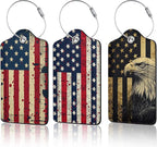 3 Pack PU Retro American Flag Leahter Luggage Tag with Stainless Steel Loop,Travel Suitcase Labels with Privacy Cover ID Label Quickly Spot for Bags