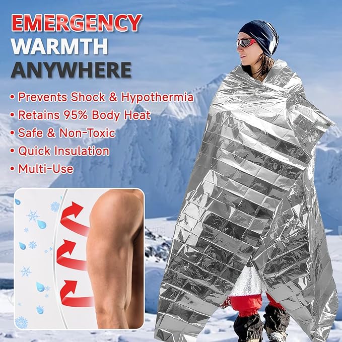 SecuCaptain Survival Emergency Thermal Blankets: Extra Large 84” x63” 4/10/25/30/50/75/100 PCS Space Mylar Blanket Kit for Outdoor Cold Winter Camping Hiking Car Bug Out Bag or First Aid