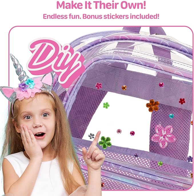 Bagseri 3pcs Clear Backpack for Girls - 15 Inch School Bag Set with Lunch Box and Pencil Case, Heavy Duty Transparent Bookbag for Kindergarten to Grade 2, Purple Mermaid