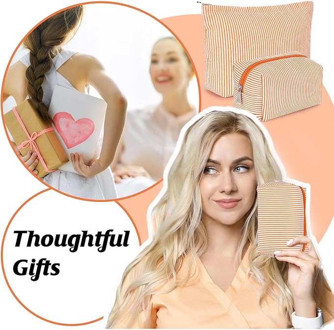 Huhumy 2 Pcs Makeup Bag Set Cute Cosmetic Pouch for Women Seersucker Travel Toiletry Bag Preppy Small Makeup Purse Pouch Aesthetic Skincare Brushes Storage Organizer for Valentine Women(Orange)