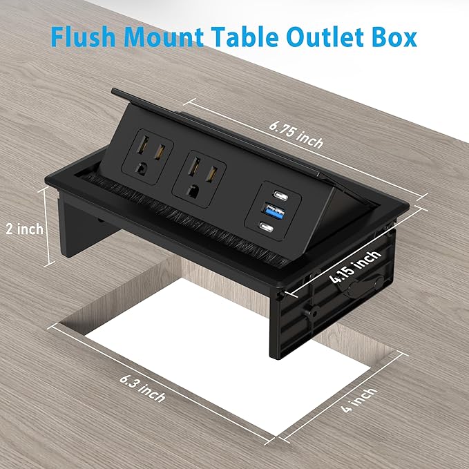 Table Power Outlet Hub PD20W USB-C Fast Charging Station, Recessed Outlet with 2AC Outlets and USB Ports for Conference Room Kitchen Countertop, Black