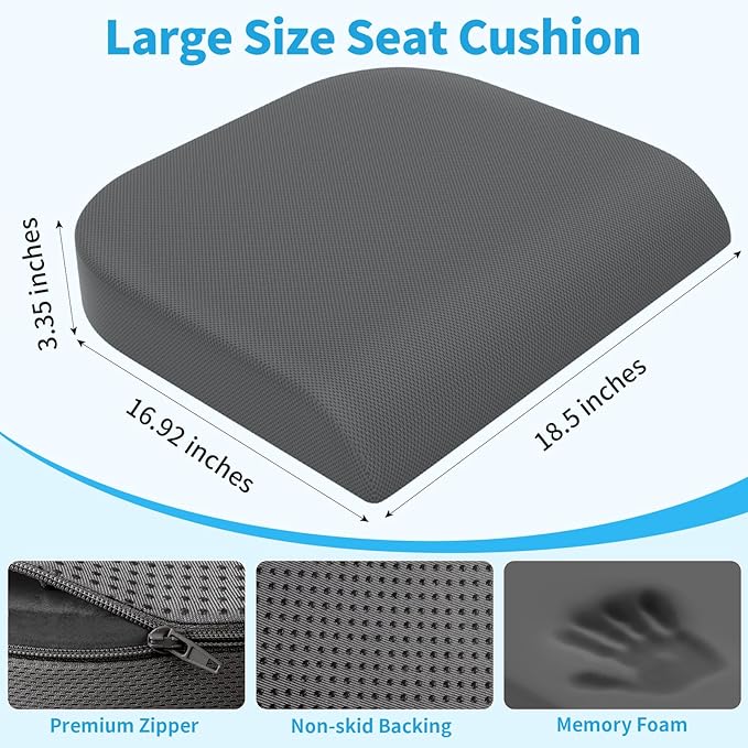 TranquilRelax XLarge Seat Cushion, Soft Foam Cushion for Long Sitting Hours on Office Chair, Home & Car, Non-Slip Chair Pad for Relieving Back & Sciatica & Hip & Coccyx Pain (Grey)