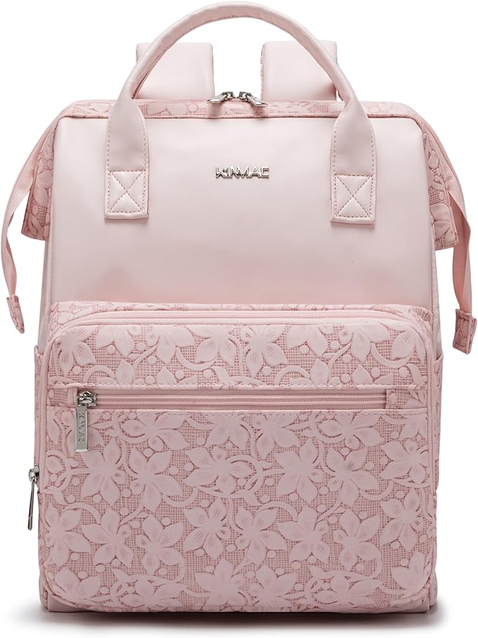 Kinmac Wide Open Style Laptop Backpack for Laptop Up to 15.6 Inch Men Women Travel Outdoor Backpack (Pink Floweret PU)