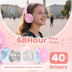 MIDOLA Kids Headphones Bluetooth 5.4 Wireless 68H Play Time Volume Limit 85/94dB Over-Ear Foldable Headset,Type-C Fast Charging,with Wired Aux Mic for Toddler Child Pad Tablet Pink