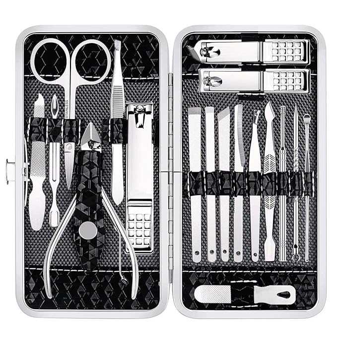 Yougai Nail Clippers Set - 18 Pcs Professional Manicure Pedicure Kit for Men Women, Stainless Steel Fingernail Toenail Clippers Cutters, Nail Care Grooming Tools with Leather Travel Case