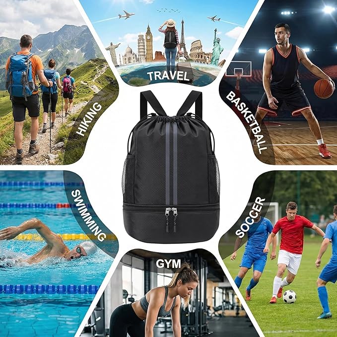 Pimoys Drawstring Backpack Gym Bag, Waterproof String Backpack with Side Mesh Pockets, Beach Bag for Basketball, Soccer, Swim, Wrestling Bag for Women Men