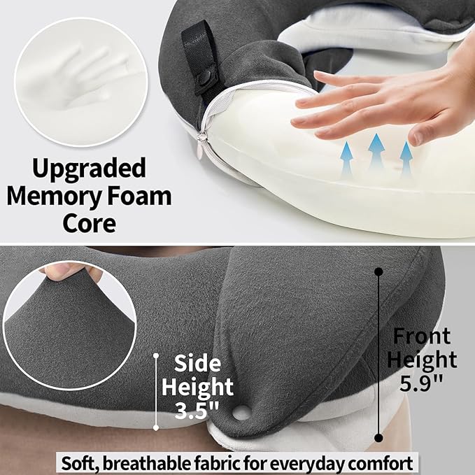 BUYUE Travel Neck Pillows for Airplanes, Memory Foam 360° Head Support Sleep for Long Flight, Skin-Friendly & Breathable, Kit with Eye Mask, Earplugs and Storage Bag (Adult, Grey, 90+ lbs)