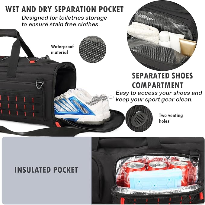 Gym Bag for Men and Women, 50L Extra Large Duffle Bag, 3-in-1 Travel Sports Duffel Bags with Shoe & Laptop Compartment for Overnight Weekender Gym Traveling Workout Deployment, Black+Red