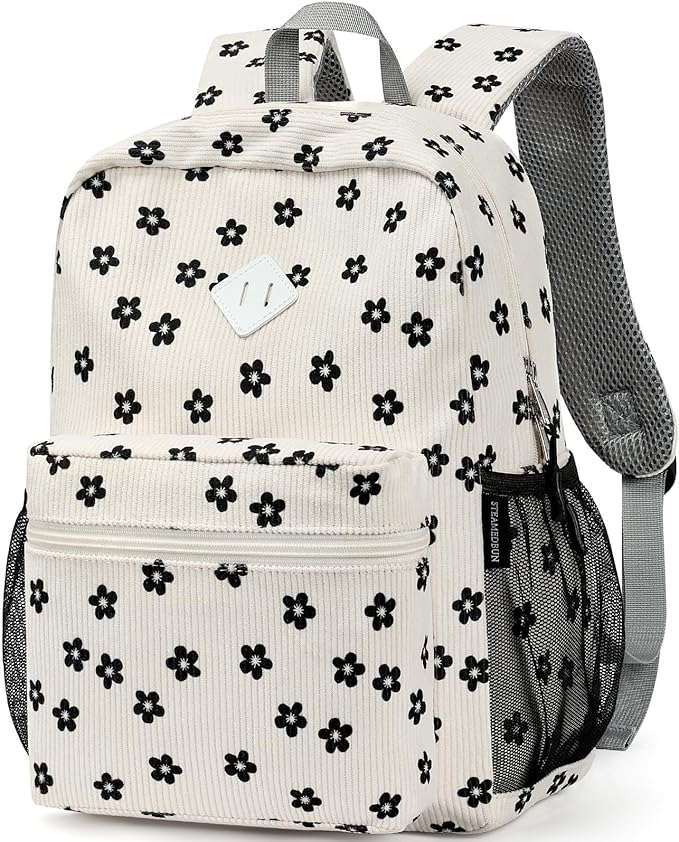STEAMEDBUN Corduroy Kids Backpack for Girls Boys 3-8, Girls Backpack for Elementary Kindergarten - Flower