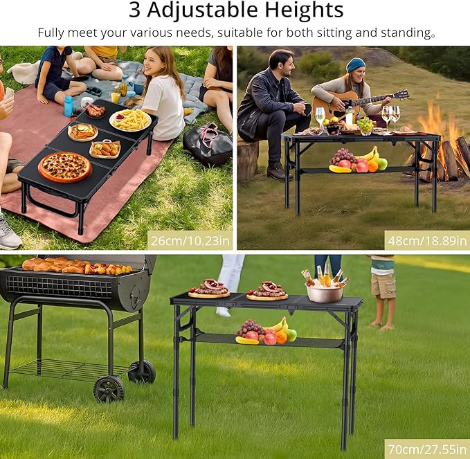 Anbte Folding Camping Table with Storage Net, 3ft Camping Table Aluminum Folding Table with 3 Adjustable Height Max 27.5 Inch Picnic Table Portable Table for Outdoor Backyard BBQ, Pure Black