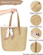Beach Bags for Women - Straw Bag with Zipper, Soft Woven beach bag, Casual Straw Shoulder Bag for Daily Use