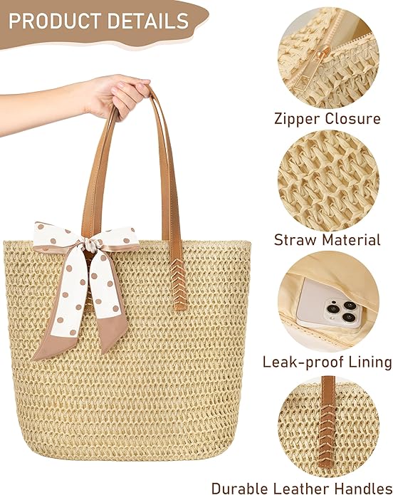 Beach Bags for Women - Straw Bag with Zipper, Soft Woven beach bag, Casual Straw Shoulder Bag for Daily Use