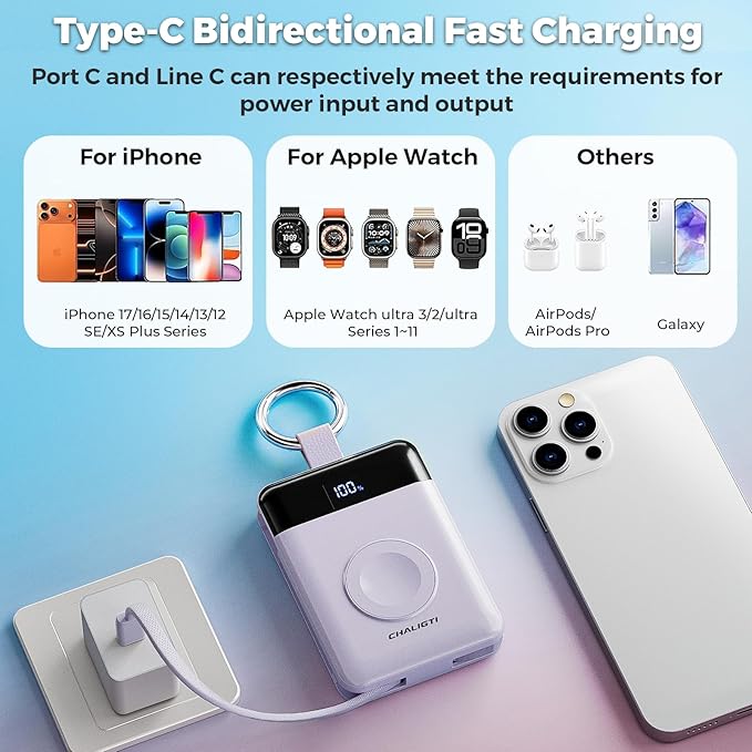 Portable Charger,5000mAh PD 20W Super Fast Charging Power Bank with Built-in Cables,Travel Keychain Battery Pack for Apple Watch Ultra/11/10/9/8/7/6/SE,iPhone 17/16/15/14/13/12 (Purple)