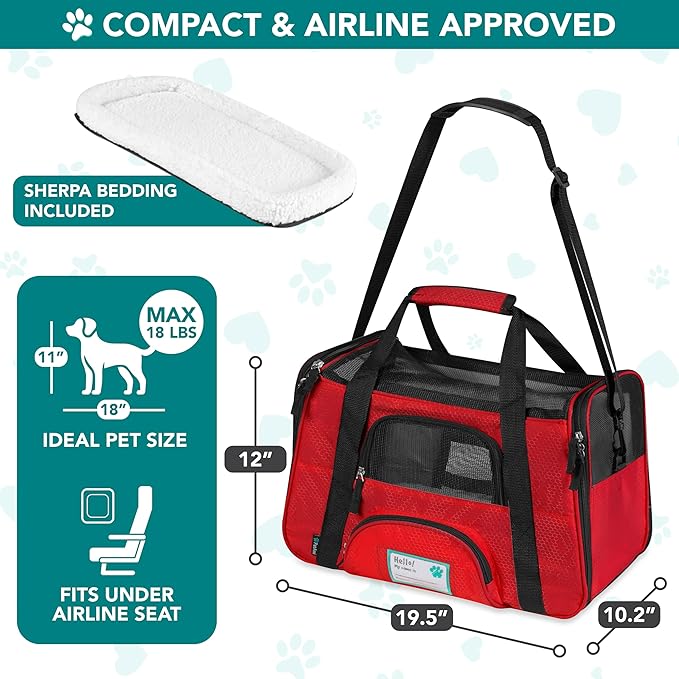 PetAmi Airline Approved Pet Carrier for Cats & Small Dogs, Soft Sided TSA Travel Carrier Bag with Sherpa Bed, Breathable Mesh Ventilation, Collapsible Bowl, Fits Under Seat, Up to 18 lbs, Large Red
