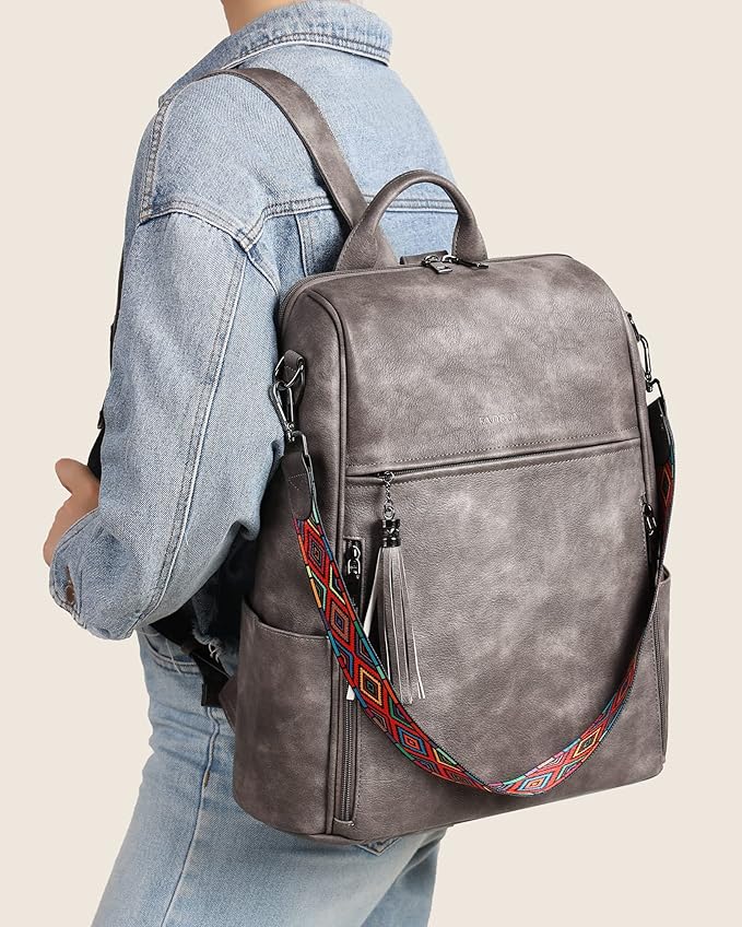 FADEON Leather Laptop Backpack for Women Designer 15.6 inch PU Laptop Bag, Ladies Travel Computer Work Backpack Grey