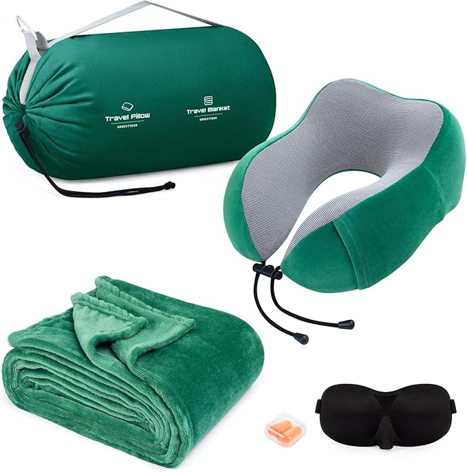 urnexttour Travel Pillow and Blanket Set Neck Pillows Travel Essentials with Sleep Mask for Airplane Car Memory Foam Green