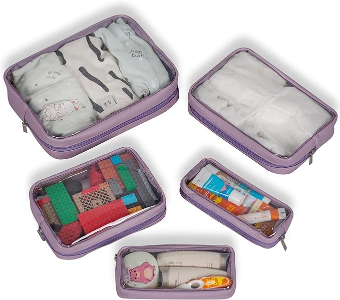 Remobia Hicol TSA Approved 5-Piece Diaper Bag Organizer Pouch Set Clear Waterproof TPU Kids Toiletry Storage Set Travel Packing Clutch Cube Bags for Baby Nursing (Purple)