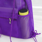 NATURAL STYLE Mesh Drawstring Backpack Bag, Gym Sports Bag with Zipper Pocket Bottle Holder, String Beach Bag for Swiming Travel (Purple)