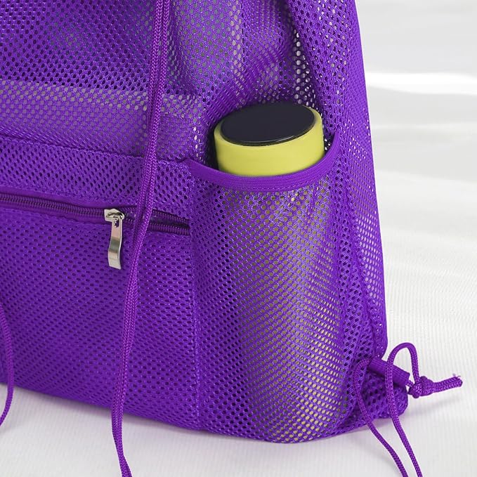 NATURAL STYLE Mesh Drawstring Backpack Bag, Gym Sports Bag with Zipper Pocket Bottle Holder, String Beach Bag for Swiming Travel (Purple)