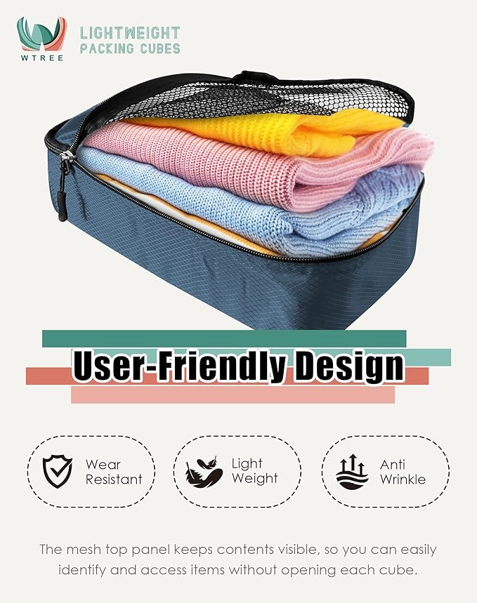 WTREE 4-Piece Packing Cubes Travel Accessories Set for Suitcases - Luggage Organizer Bags with Double Zipper - Mesh Top - Small/Medium/Large/Slim - Dark Blue